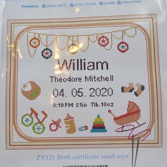 Maydear Birth Certificate Small Toys Cross Stitch Kit Pre-Printed Fabric - Picture 3 of 5